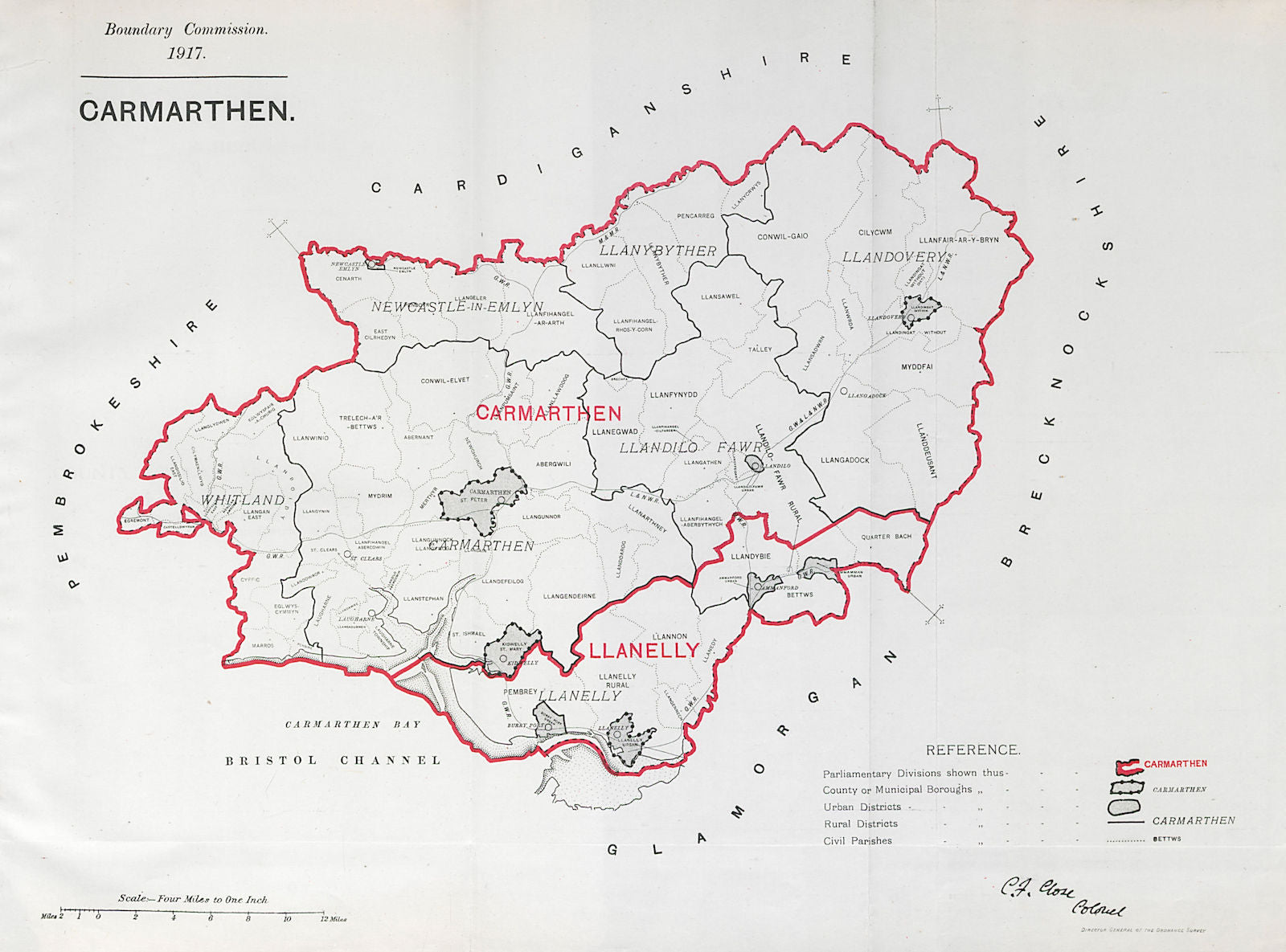 Carmarthen Parliamentary County. Wales. BOUNDARY COMMISSION. Close 1917 map